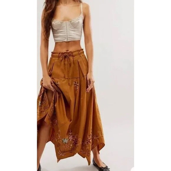 Free People Arielle Maxi Skirt Size Medium Brown Embroidered Floral
